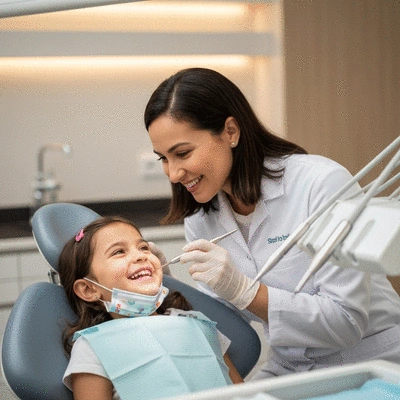 Une orthodontiste pédiatrique examinant les dents d'un enfant souriant dans un cabinet dentaire moderne, avec des outils dentaires flous en arrière-plan. Pas de texte, pas de mots, pas de typographie, 8K, propre.