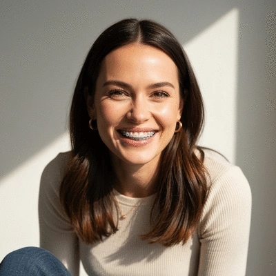 Femme souriante avec des aligneurs, montrant le confort et la facilité d'hygiène