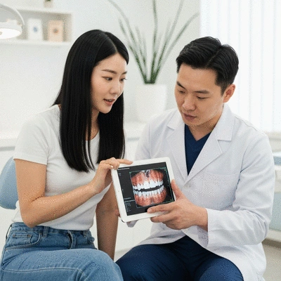 Female patient examining a 3D dental scan on a tablet with a dental professional, highlighting precision in adult orthodontics, no text, no words, no typography, no labels, clean image