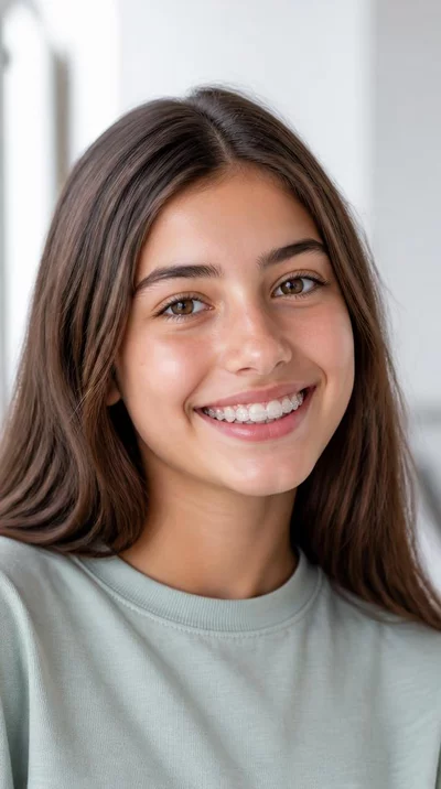 Adolescent smiling with clear aligners, showing healthy teeth