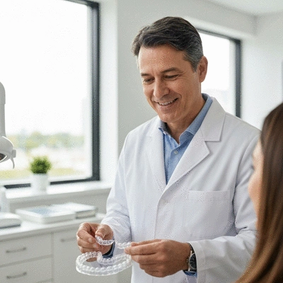 Professional orthodontist examining a patient's personalized clear aligners