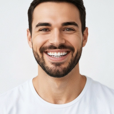 Adulte souriant montrant ses dents alignées après un traitement orthodontique, mettant en valeur un sourire confiant et sain.