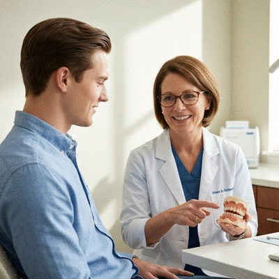 Adult patient consulting with an orthodontist, pointing at a dental model, in a professional and reassuring atmosphere