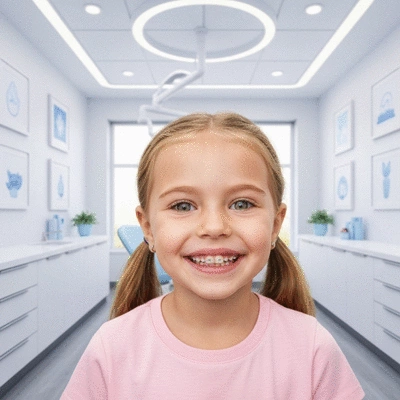 Enfant souriant montrant des dents bien alignées après un traitement orthodontique, dans un cabinet moderne et lumineux