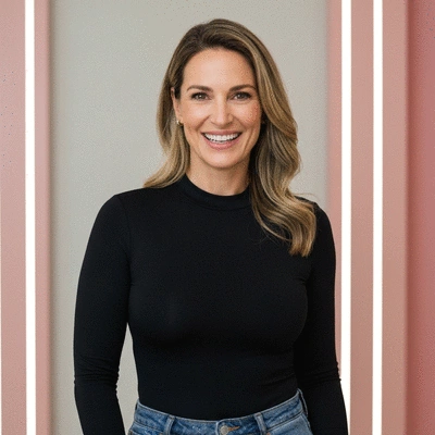 Smiling adult woman in her 40s with perfectly aligned teeth, clean modern aesthetic, no text, no words, no typography, 8K