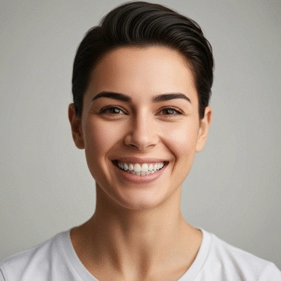 Adult patient smiling confidently with invisible aligners, showing comfort and discretion, no text, no words, no typography, no labels, clean image