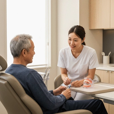 Orthodontist explaining dental hygiene to a happy adult patient