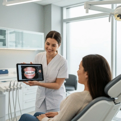 Orthodontist demonstrating 3D dental imaging on a tablet to a patient in a modern clinic, no text, no words, no typography, clean image, 8K