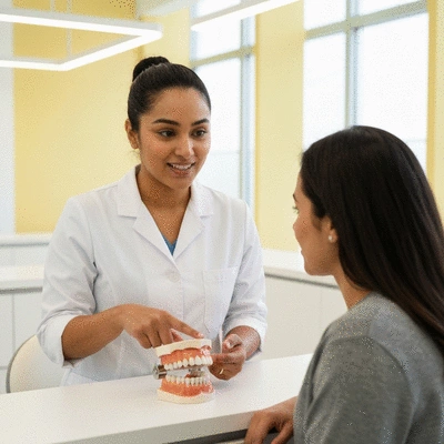 Professional orthodontist consulting with a patient, showing a healthy smile plan