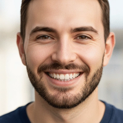 Personne souriante montrant des dents parfaitement alignées après un traitement orthodontique