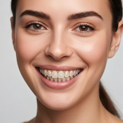 Close-up of a patient smiling with clear aligners, showing subtle orthodontic treatment, clean background, no text, no words, no typography, 8K