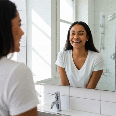 Smiling person looking confidently at a mirror, showing improved facial aesthetics after orthodontic treatment, bright and clean environment, no text, no words, no typography, 8K