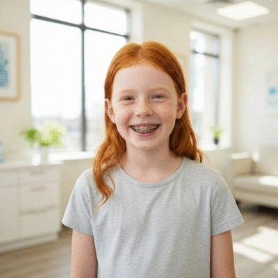 Child smiling with braces, happy and confident, in an orthodontist's office