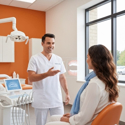 Orthodontist explaining treatment options to a patient in a modern clinic