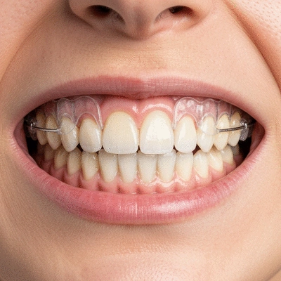 Detailed close-up of a patient's mouth with clear aligners, showing teeth straightening progress, clean image, no text, no words, no typography, 8K