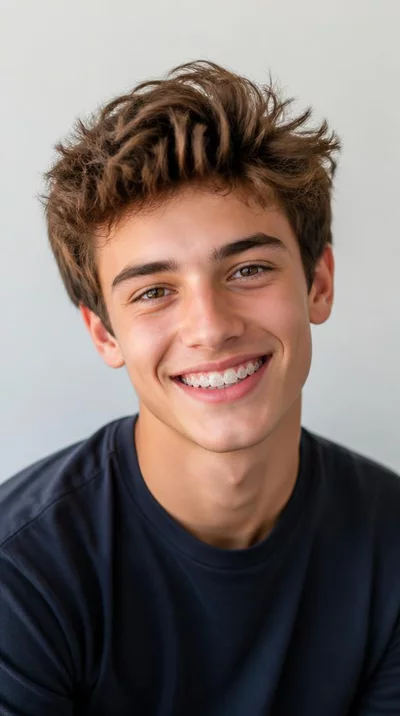 Adolescent smiling confidently with clear aligners