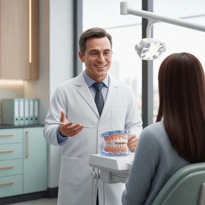 Dentist explaining to a patient the importance of intermediate dental follow-up during orthodontic treatment, showing a clear dental model