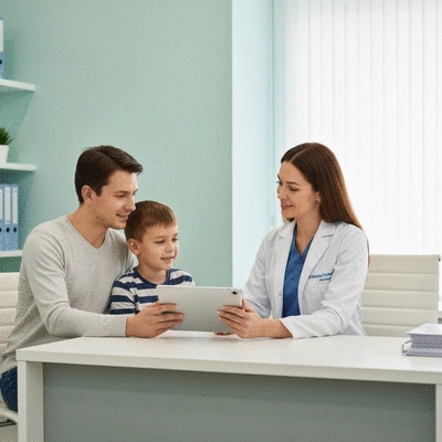 Parent and child discussing treatment with orthodontist