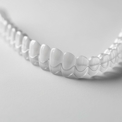 Close-up view of clear Invisalign aligners on a white background, demonstrating their transparency and custom fit. No text, no words, no typography, clean image.