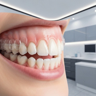 Close-up of a person's mouth with transparent aligners, showing teeth straightening, modern dental office background, no text, no words, no typography, clean image, 8K
