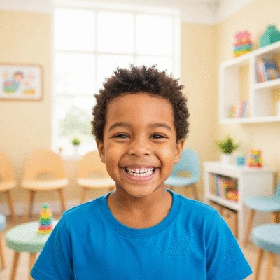 Enfant souriant montrant ses dents après une visite chez l'orthodontiste, ambiance positive
