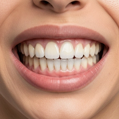 Close-up of a person's mouth with perfectly aligned teeth after orthodontic treatment, clean image, no text, no words, no typography
