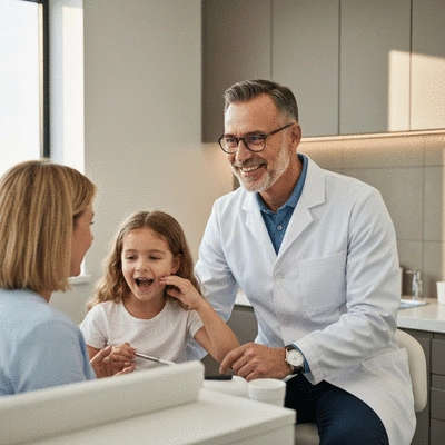 Orthodontist consulting with a child and parent, clean image