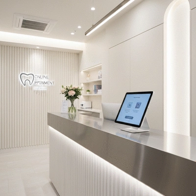 Modern dental office reception area, clean, minimalist, with a digital tablet on a counter for online appointment booking, no text, no words, no typography, no labels, clean image