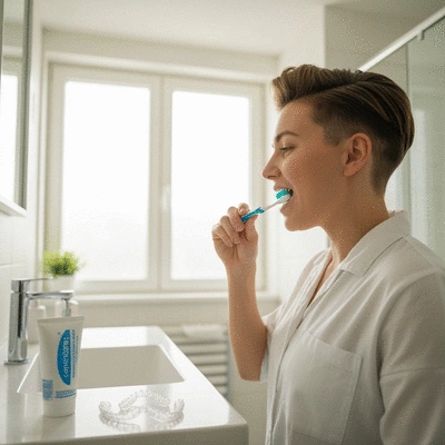 Person brushing teeth after meal, clear aligners visible on bathroom counter