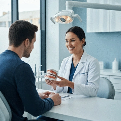 Orthodontist consulting with a patient, discussing lingual braces options, professional and reassuring atmosphere