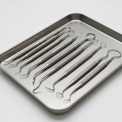 Professional dental tools arranged neatly on a sterile tray in a clinic setting