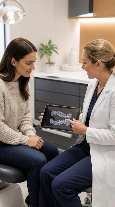 Adult patient consulting with an orthodontist, discussing treatment plan with clear aligners