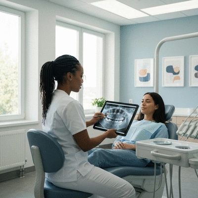 Orthodontist consulting with a patient in a modern dental office, discussing treatment options with a tablet