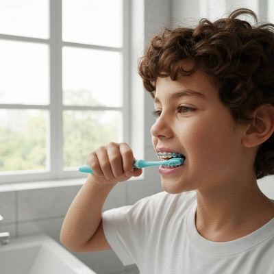 Child brushing teeth with lingual braces, demonstrating good oral hygiene