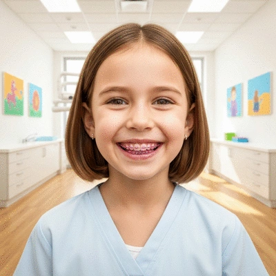 Child smiling with braces, happy and confident, in a modern dental office setting