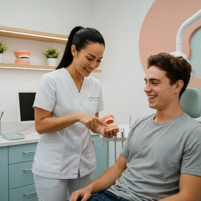 Orthodontiste consultant un patient adulte, discutant des options de traitement et du suivi