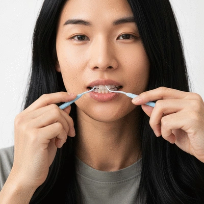 Close-up of a person with orthodontic braces brushing their teeth meticulously, showing good oral hygiene, clean image, no text