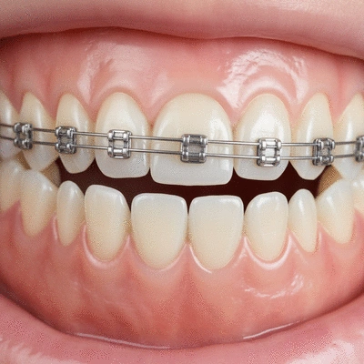 Close-up view of lingual braces on the inside of teeth, showing the discreet nature of the orthodontic treatment