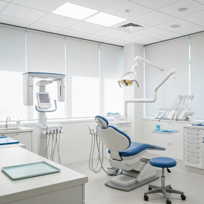 Modern dental office interior with advanced orthodontic equipment, bright and clean, no text, no words, no typography, 8K