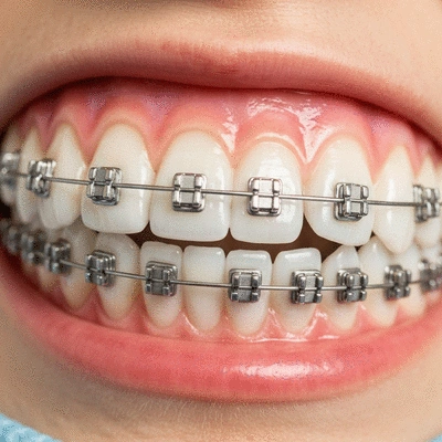 Close-up of metal braces on teeth of a young person, clean background, no text, no words, no typography