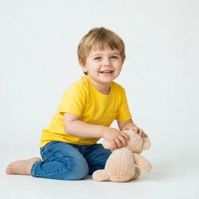 Happy child playing with a soft toy instead of sucking thumb, clear background, no text, no words, no typography, no labels, clean image