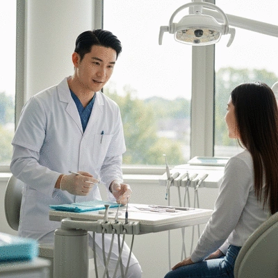 Orthodontiste discutant des options de traitement avec un patient dans un cabinet moderne et lumineux
