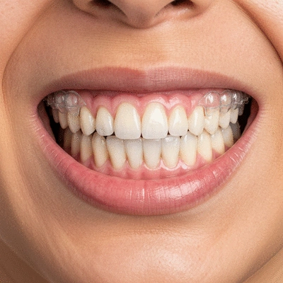 Close-up of a person's mouth with clear aligners, showing improved dental alignment and healthy gums