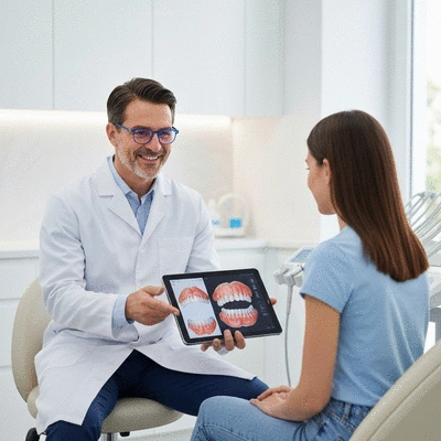 Orthodontist consulting with a patient using a tablet