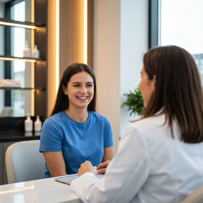 Patient souriant lors d'une consultation chez l'orthodontiste, ambiance clinique moderne.