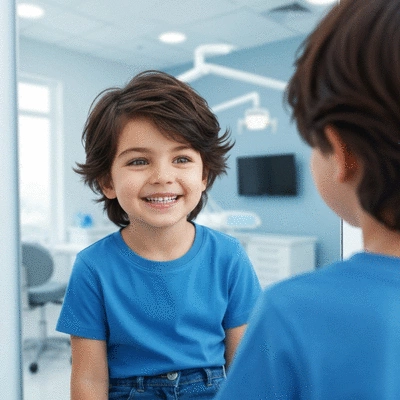 Un enfant souriant, les dents bien alignées, regardant un miroir avec confiance, en gros plan. Arrière-plan flou de cabinet dentaire moderne. Pas de texte, pas de mots, pas de typographie, 8K, propre.