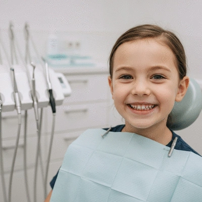 Child smiling with healthy, aligned teeth in a dental clinic setting, no text, no words, no typography, 8K