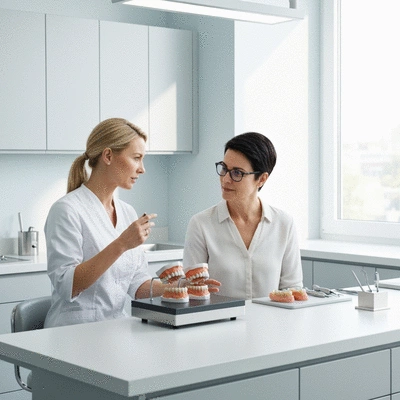 Orthodontist consulting with an adult patient, showing dental models, professional and clean environment, no text, no words, no typography, clean image