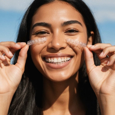Adulte souriant avec des aligneurs transparents, montrant discrétion et confort