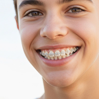 Adolescent souriant avec des accolades claires, gros plan de la bouche, no text, no words, no typography, clean image